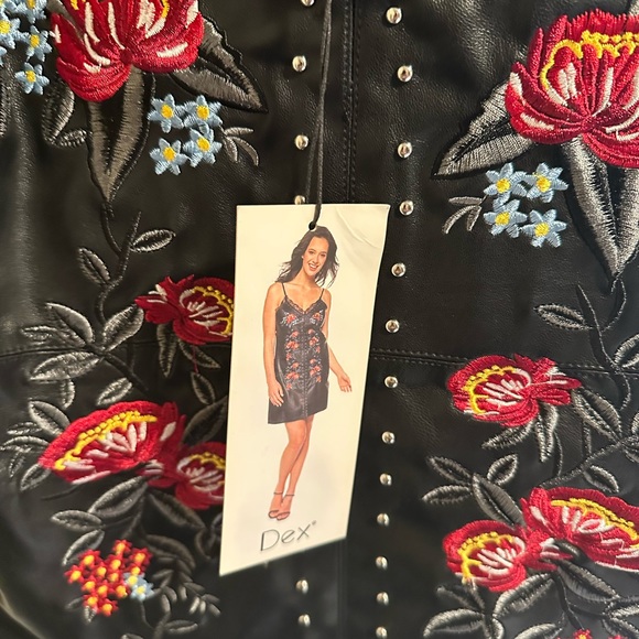 Dex clothing vegan leather dress NWT. Spaghetti straps embroidery, lace top. - Picture 3 of 6